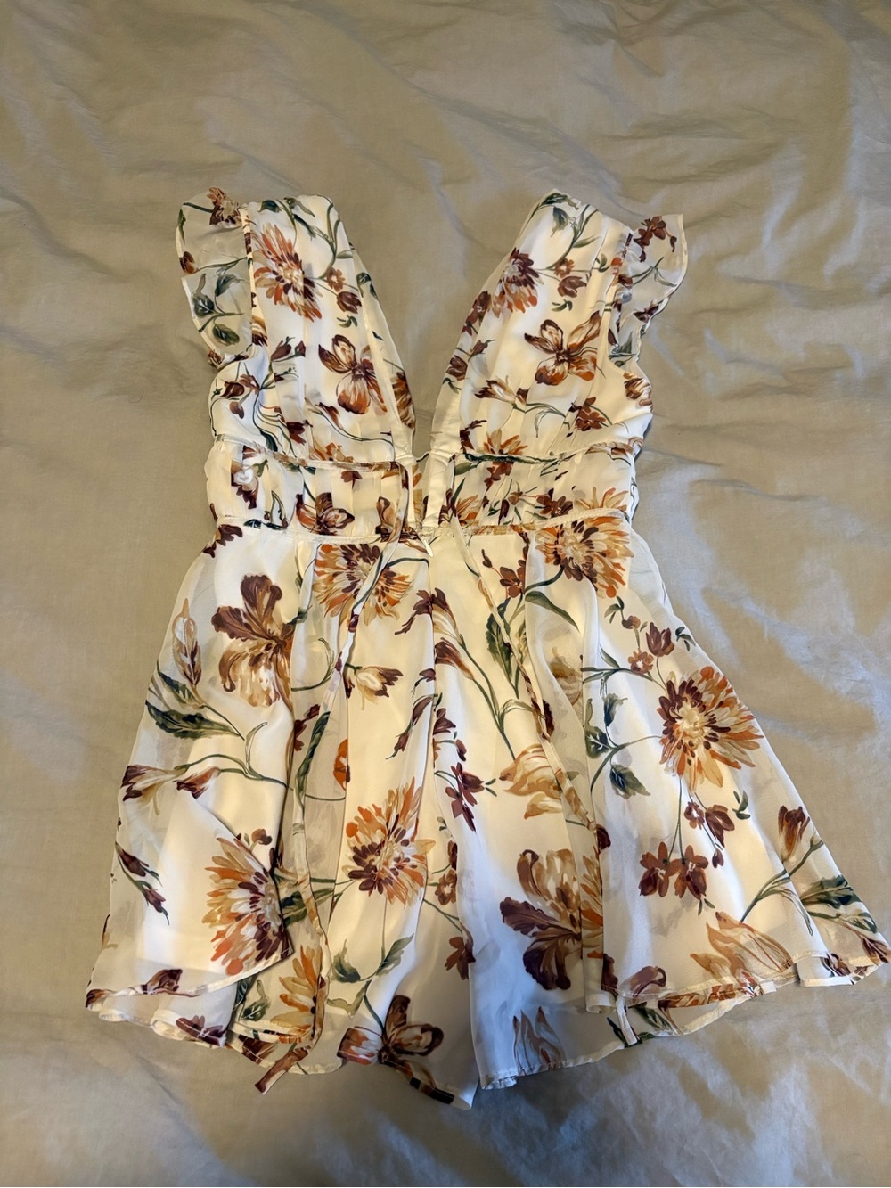 Lulu's Cream Floral Ruffle V-Neck Romper - Picture 8 of 16